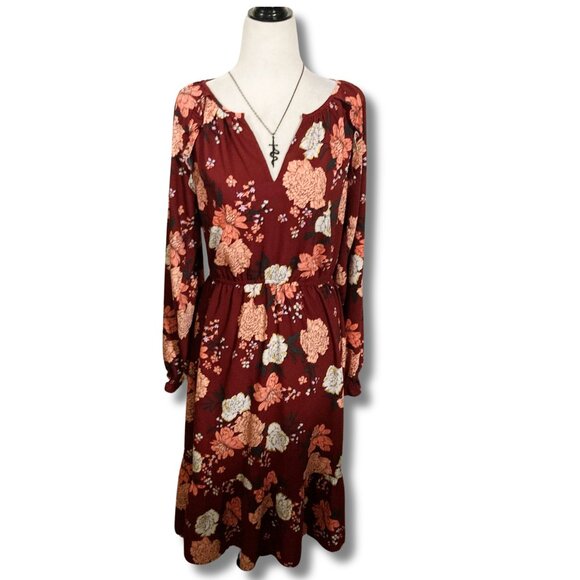LOFT Burgundy peach black floral print long sleeve v-neck dress ~ SMALL MEDIUM - Picture 3 of 14